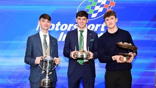 <p>Billy Coleman “Young Rally Driver of the Year” award winner Craig Rahill (left), Dunlop Sexton Trophy “Young Racing Driver of the Year” winner Max Hart and International Driver of the Year Award winner of the Manley Memorial Trophy Alex Dunne at the MI Champions of Irish Motorsport Awards ceremony in Dublin. Picture: Michael Chester.</p>