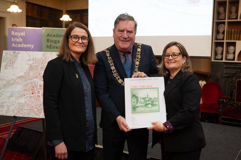 At the launch of IHTA Cork/Corcaigh printed and digital collections on November 21, 2024 in the Royal Irish Academy: Sarah Gearty (RIA), Lord Mayor Councillor Dan Boyle, Ciara Brett (Cork City Council). Photo: Conor Mulhern 