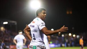 <p>Immanuel Feyi-Waboso of Exeter gestures during the Gallagher Premiership Rugby match against Bath at The Recreation Ground on November 30. Photo by Dan Istitene/Getty Images </p>