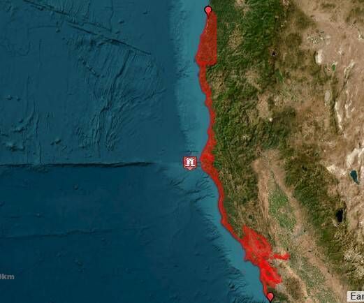 Screengrab of the Tsunami warning for California and Oregon from the US National Tsunami center