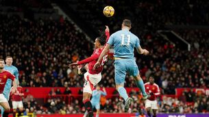 <p>Nottingham Forest's Chris Wood scores their side's third goal during the Premier League match at Old Trafford. Pic: Martin Rickett/PA Wire. </p>