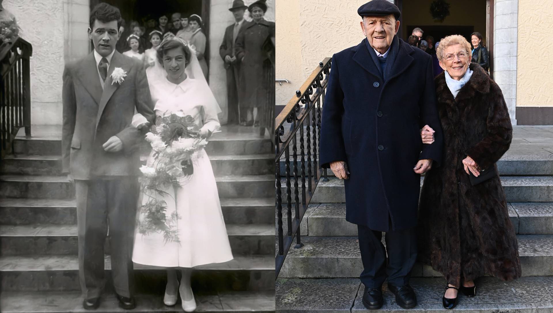 Billy and Maureen Lehane outside the Church of the Annunciation in Blackpool on their wedding day in 1954, and photographed again on the same step on their 70th wedding anniversary this weekend.