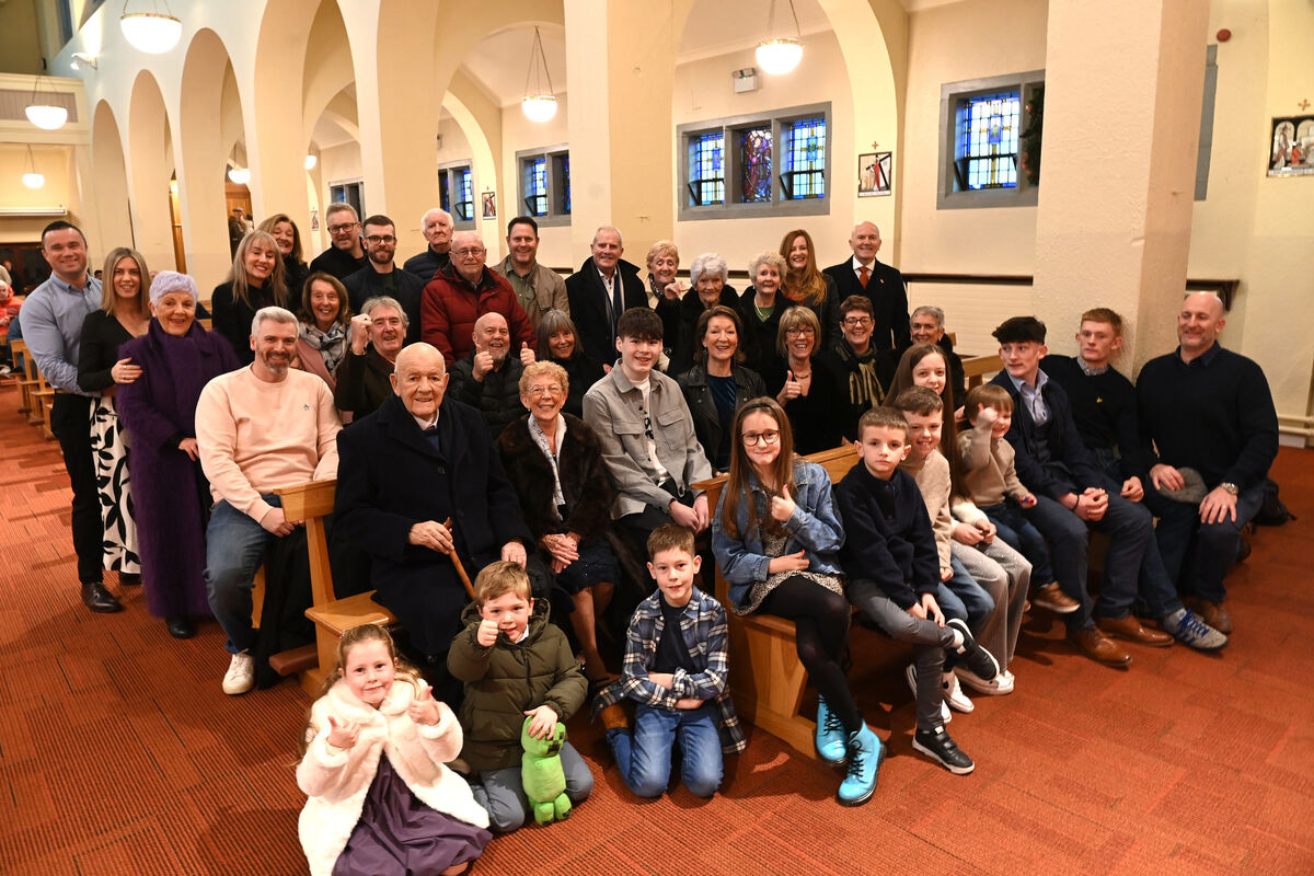 70 years on, Billy and Maureen Lehane celebrated their long and happy marriage at Mass with their daughters Elizabeth, Mary, Ursula, and Helen, sons-in law, and members of the bridal party at the Chuch of the Annunciation, Blackpool, Cork on Saturday. Picture: Larry Cummins  