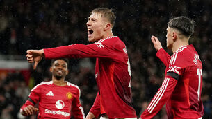 <p>Rasmus Hojlund, centre, scored against Forest (Martin Rickett/PA)</p>