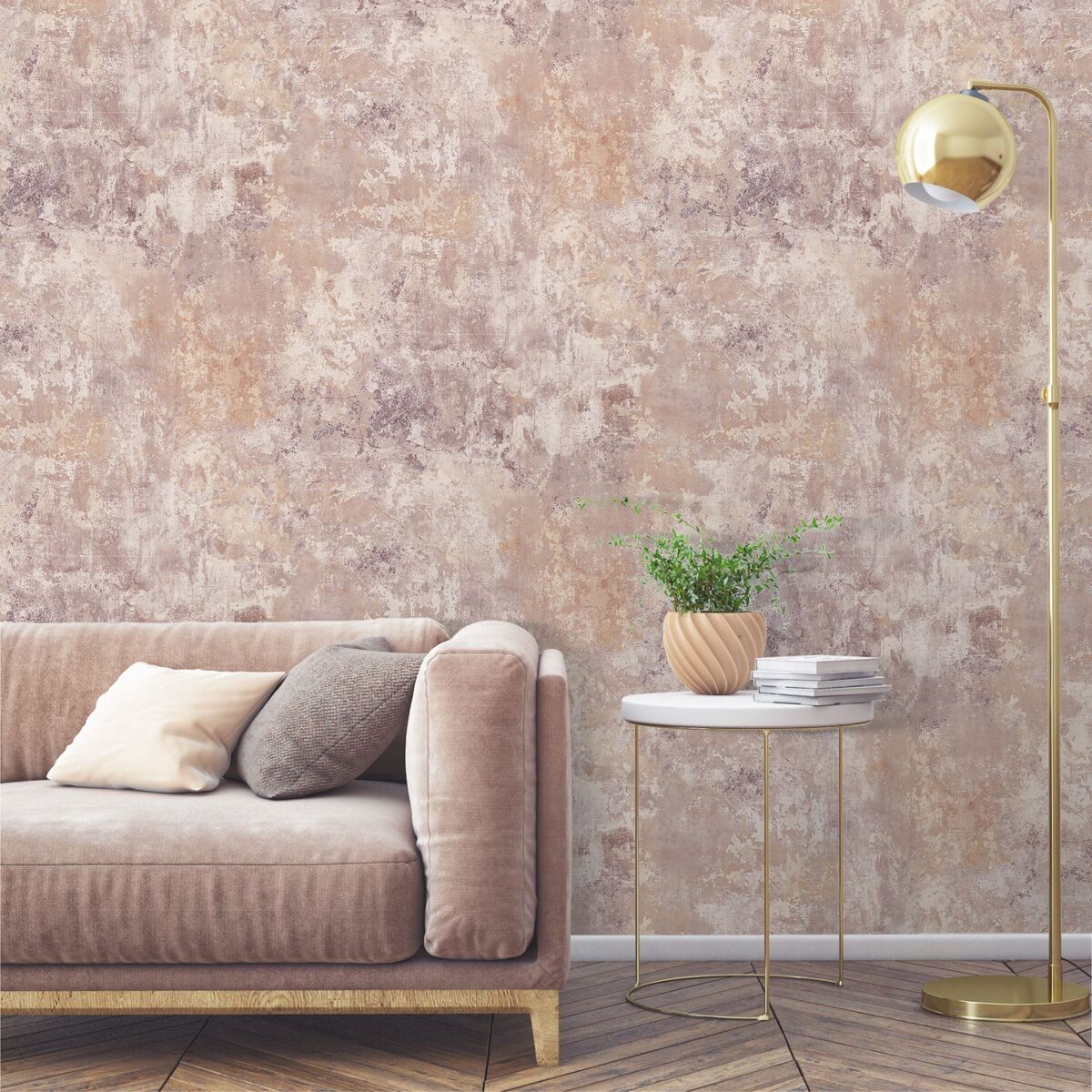  For a warm hue, get the plaster-effect with the Grandeco Blush concrete look wallpaper; €25.25, B&amp;Q.