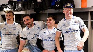 <p class="contextmenu internal_Caption">FIRST CAP: Leinster new boy Jordie Barrett shares a laugh in the Ashton Gate dressing room after making his maiden appearance in the blue of Leinster against the Bristol Bears in the Champions Cup. 	 Pic: Brendan Moran/Sportsfile</p>