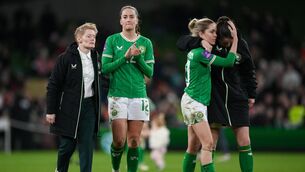 <p>NO EUROS: Republic of Ireland head coach Eileen Gleeson, with players from second from left, Anna Patten, Denise O'Sullivan and Niamh Fahey. Pic: Stephen McCarthy/Sportsfile</p>