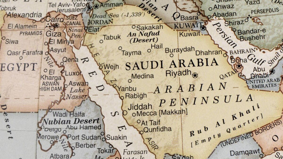 A close-up/macro photograph of Middle East from a desktop globe. Adobe RGB color profile.