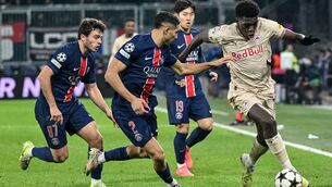 <p>Salzburg’s Lucas Gourna-Douath tries to find a way past PSG in Tuesday’s Champions League game</p>