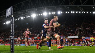 <p>Gavin Coombes of Munster on his way to scoring his side's fifth try during the Champions Cup Round 1 match against Stade Francais at Thomond Park in Limerick. Picture: Seb Daly/Sportsfile</p>