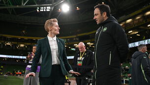 <p>Eileen Gleeson and FAI chief football officer Marc Canham before Euro 2025 playoff against Wales. Picture: Stephen McCarthy/Sportsfile</p>