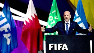 <p>Gianni Infantino’s address is broadcast on a screen during a ceremony in Riyadh</p>
