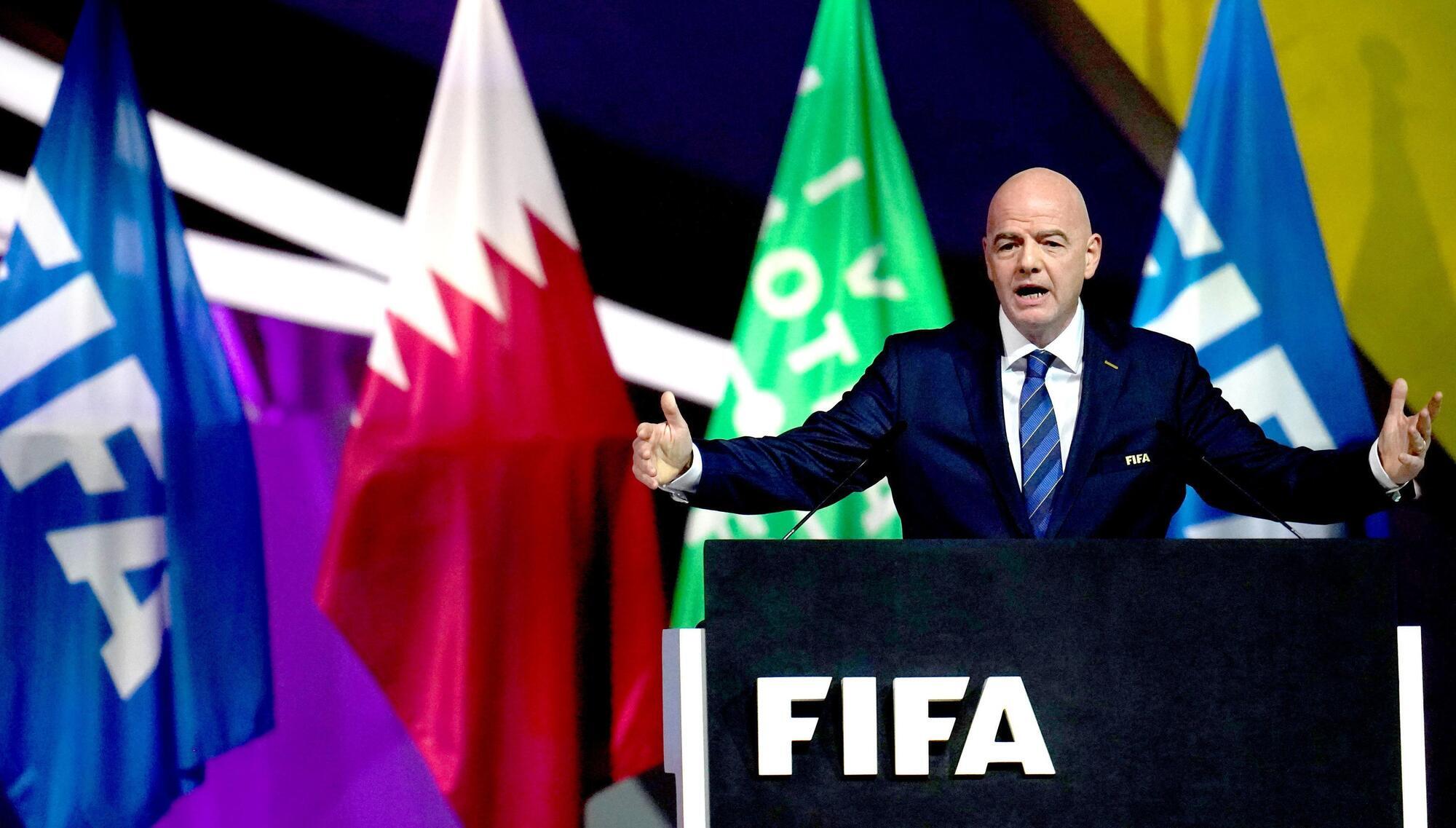 Gianni Infantino’s address is broadcast on a screen during a ceremony in Riyadh