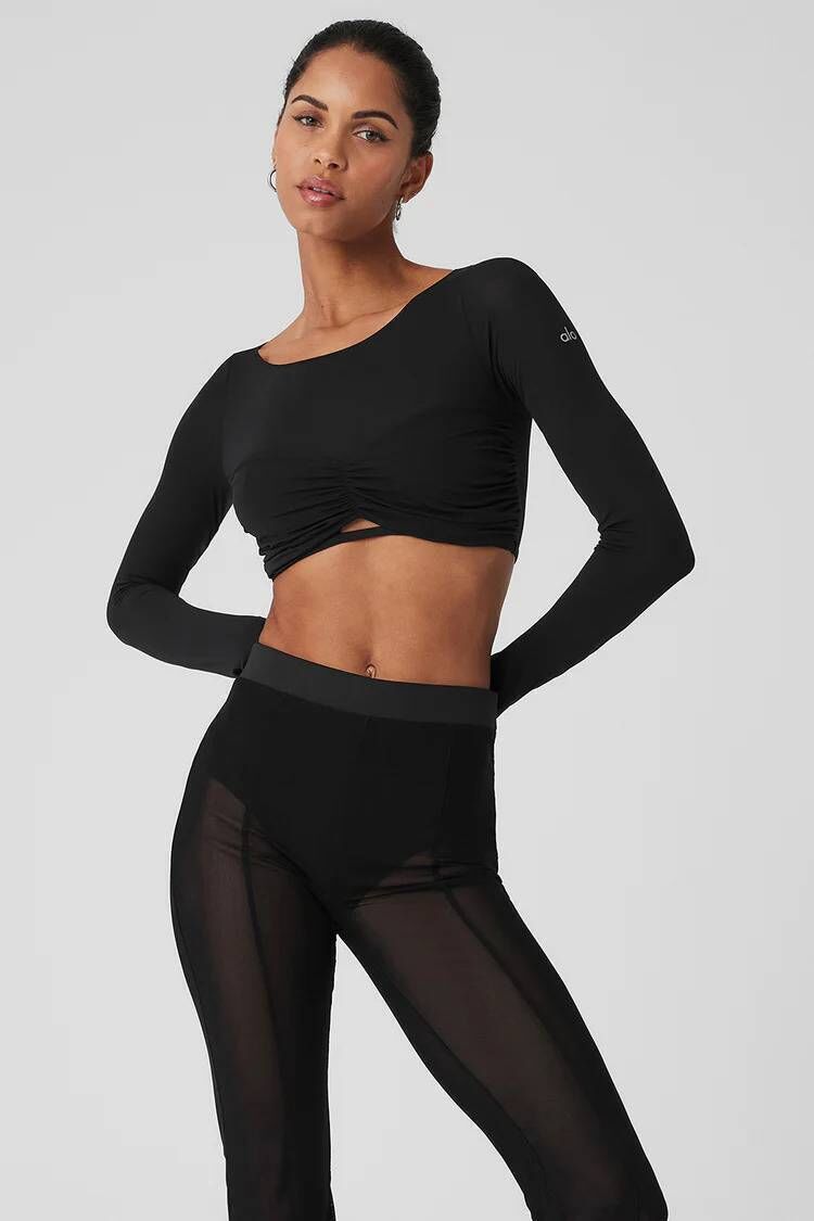 Alo Yoga Mesh Sheer Illusion, cropped long sleeve top €83 and mesh high-waist flicker pant, €145