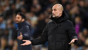 <p>Ruben Amorim (L) and Pep Guardiola when they clashed in Man City's Champions League visit to Sporting Lisbon. Photo by OLI SCARFF/AFP via Getty Images</p>