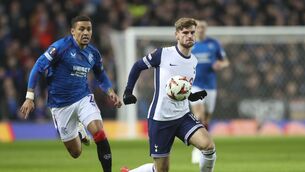 <p>Timo Werner was replaced at half-time of Tottenham’s 1-1 draw at Rangers (Scott Heppell/AP/PA)</p>