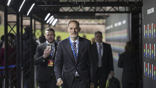 <p>England team coach Thomas Tuchel, center, arrives on the green carpet before the UEFA Preliminary Draw for the 2026 FIFA World Cup at FIFA headquarters in Zurich, Switzerland, Friday, Dec. 13, 2024. (Ennio Leanza/Keystone via AP)</p>