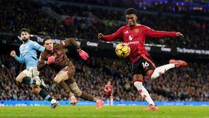 <p class="contextmenu internal_Caption">Manchester United’s Amad Diallo scores their side’s second goal during their Premier League game against Manchester City. Picture: Martin Rickett/PA Wire.</p>
