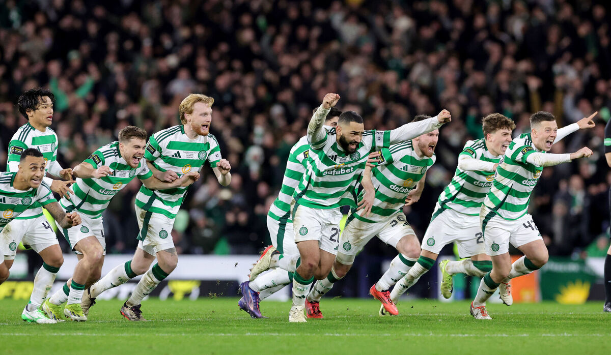 Celtic players celebrate winning the Premier Sports Cup Final. Pic: Steve Welsh/PA Wire.