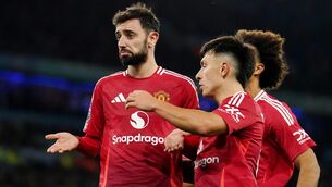 <p>DERBY DELIGHT:Manchester United's Bruno Fernandes celebrates with his team-mates.  Pic: Martin Rickett/PA Wire.</p>