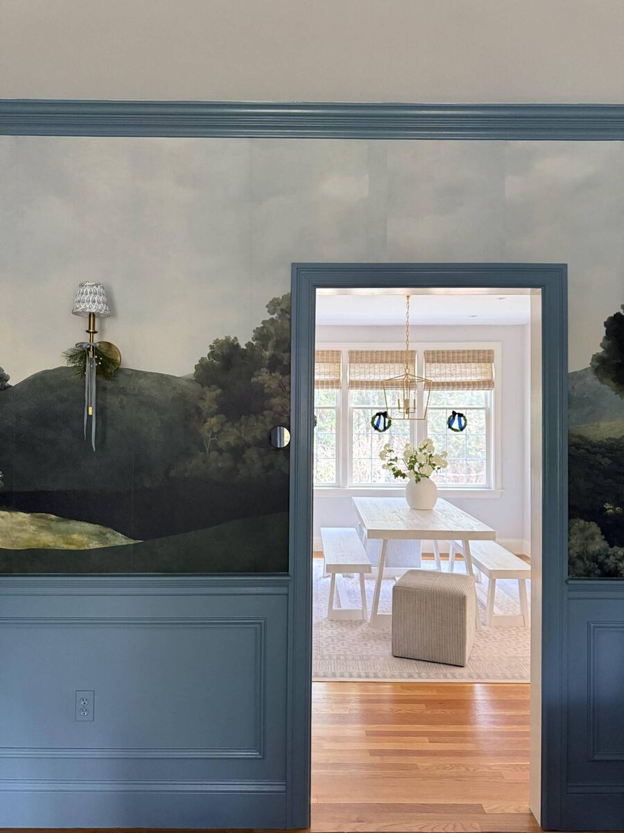 The dining room wallpaper mural at Whiteberry Home.