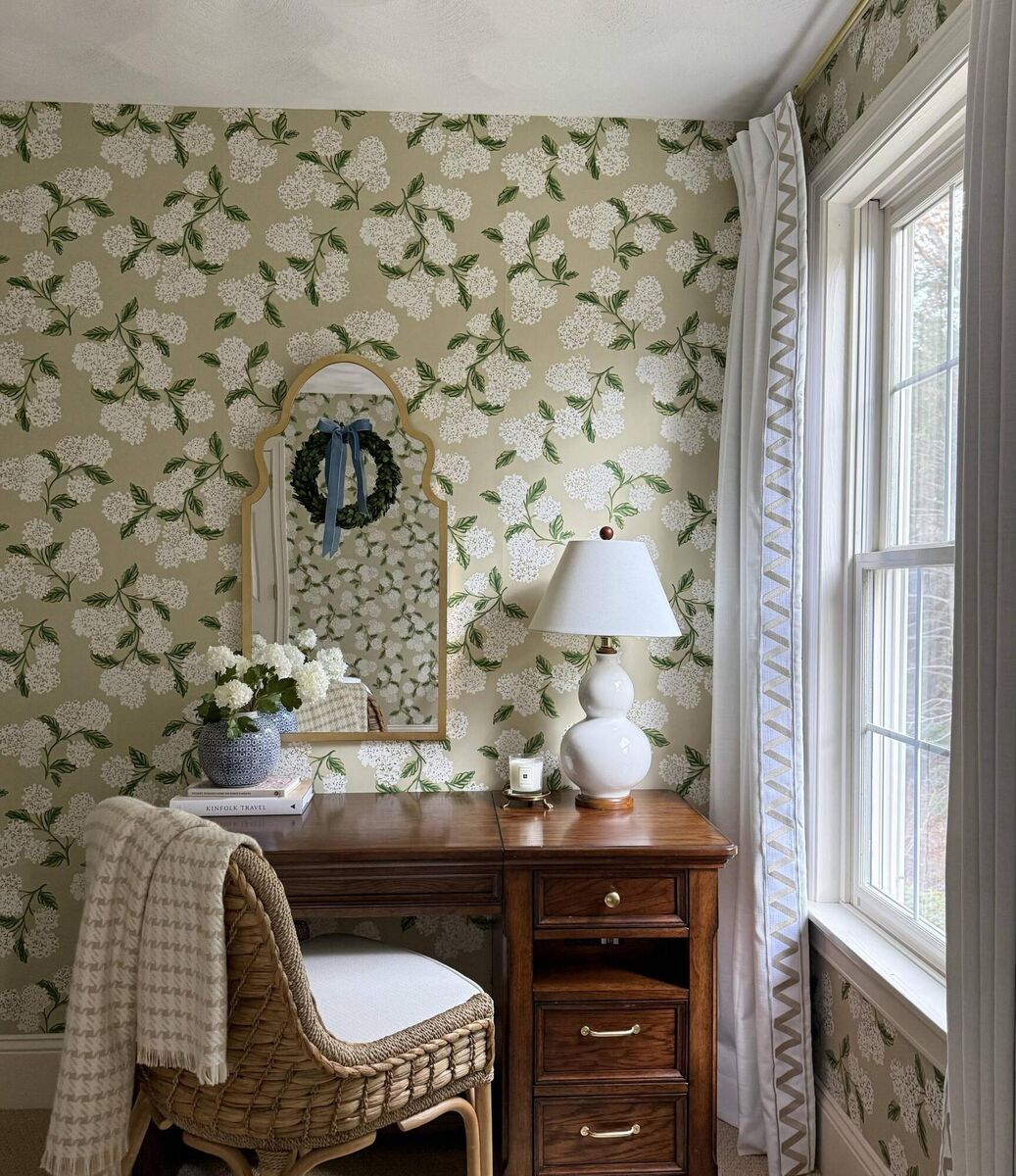 Hydrangea wallpaper features in the guest bedroom.