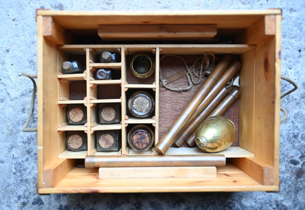 One of Martin McAree's treasures is this box of replicas of typical field medical items that a Roman army might have brought with them for treating those wounded in battle. Picture: Larry Cummins
