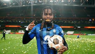 <p>African player of the year, Atalanta's Ademola Lookman celebrates at the Aviva Stadium.</p>