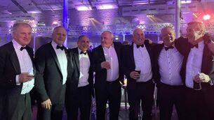 <p>OLD FRIENDS: Gathering at the IRFU's 150th anniversary bash in Dublin were (from left): Hugo MacNeill, Trevor Ringland, Michael Bradley, Philip Danaher, Michael Kiernan, Mick Galwey, and Donal Lenihan.</p>