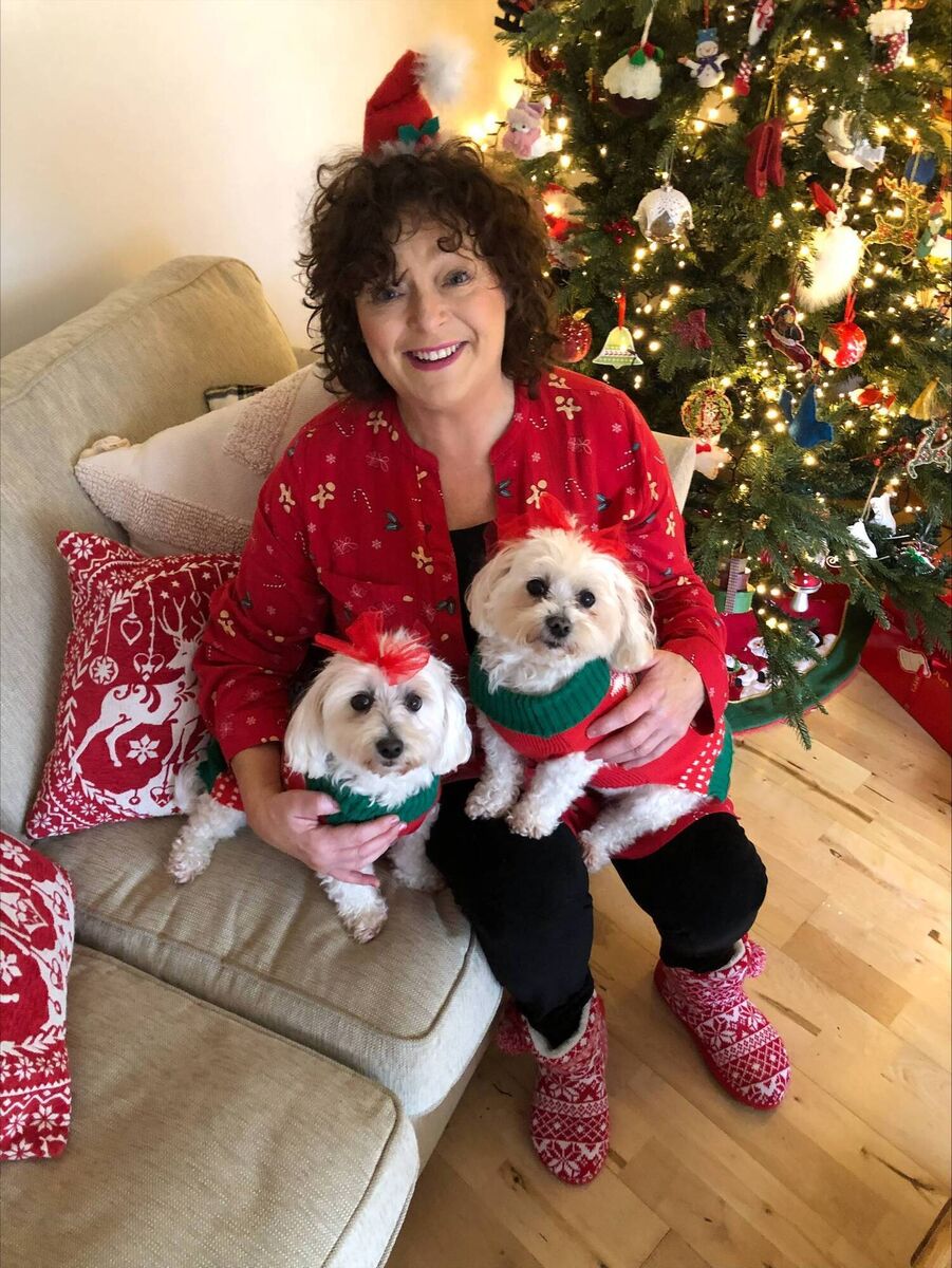 Fionula Linehan with her dogs at home at Christmas Fionula Linehan with her dogs at home at Christmas