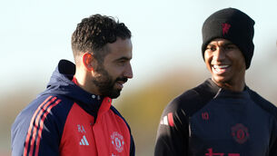<p>Manchester United manager Ruben Amorim with Marcus Rashford during a training session. Picture: PA Wire/PA Images</p>