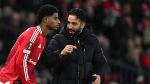 <p>Ruben Amorim, Head Coach of Manchester United, speaks to Marcus Rashford. Pic: Justin Setterfield/Getty Images</p>