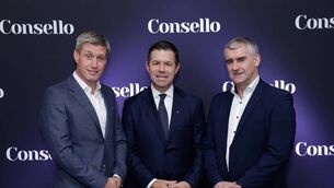 <p>Irish rugby legend Ronan O’Gara; founder, chairman, and CEO of Consello Declan Kelly; and MD of Consello leadership development, talent, and business transformation in Ireland Liam Sheedy. Picture: Maxwells Dublin</p>