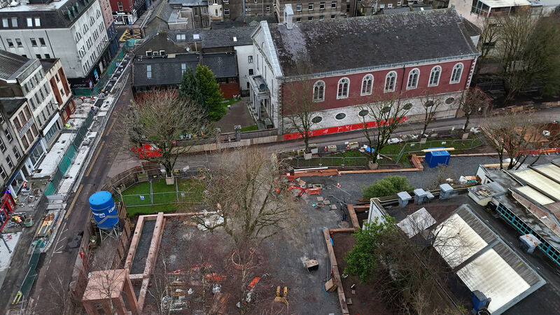 Upgrades at Bishop Lucey Park and pedestrianisation of surrounding streets are ongoing. Picture: Larry Cummins