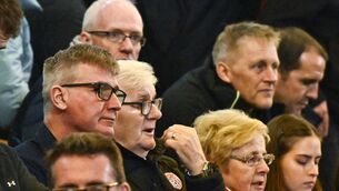 <p>St Patrick's Athletic manager Stephen Kenny, left, and Republic of Ireland head coach Heimir Hallgrimsson during the Sports Direct Men’s FAI Cup semi-final match between Bohemians and Derry City at Dalymount Park in Dublin. Photo by Ben McShane/Sportsfile</p>