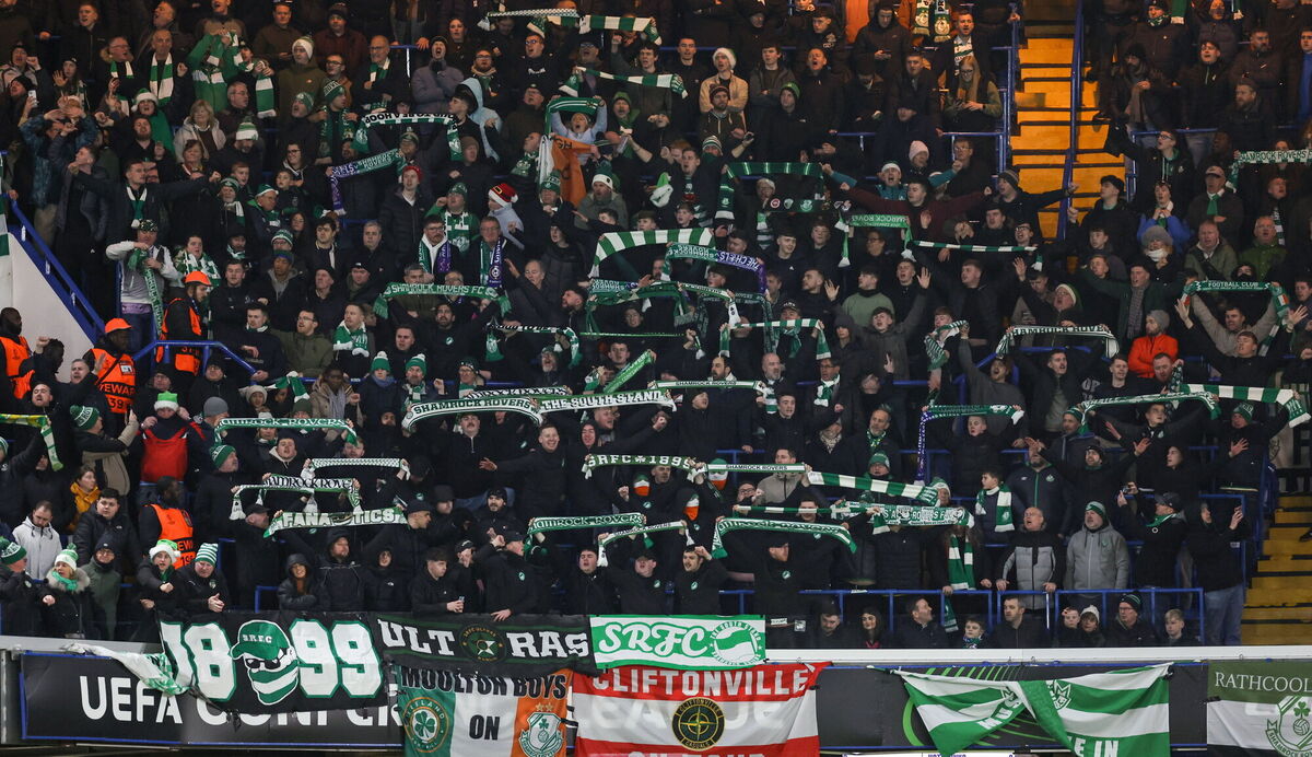 FULL VOICE: Shamrock Rovers supporters during the UEFA Conference League 2024/25 league phase match against Chelsea at Stamford Bridge. Picture: Harry Murphy/Sportsfile