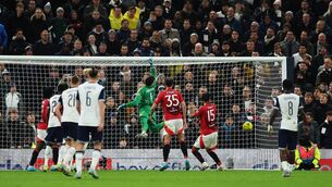 <p>WINNER: Manchester United's Altay Bayindir fails to stop Son Heung-Min of Tottenham Hotspur (not pictured) from scoring his team's fourth goal. Picture: Alex Pantling/Getty Images</p>