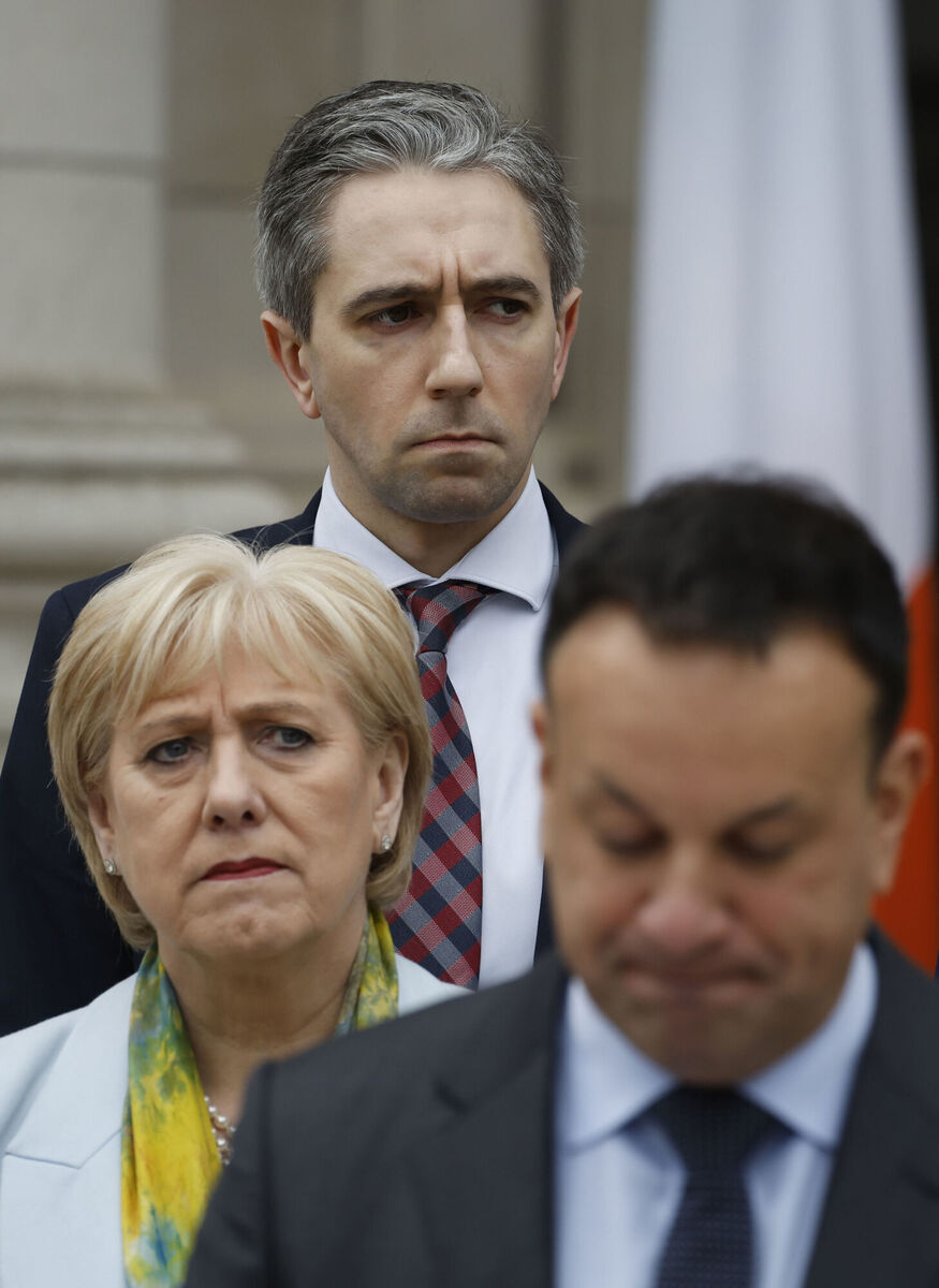Taoiseach Leo Varadkar (front) steps down as Taoiseach and as leader of Fine Gael while party colleagues (from left) Heather Humphreys and Simon Harris look on. File photo: Nick Bradshaw/PA