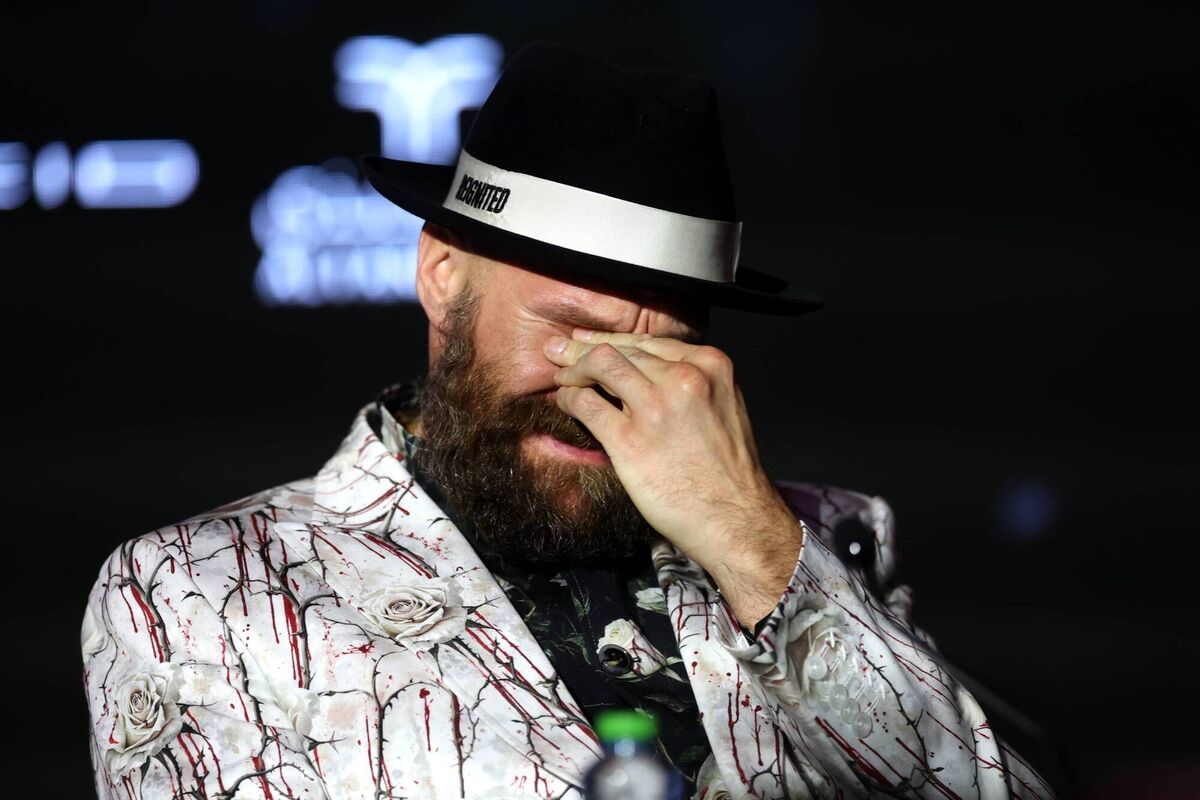 Tyson Fury reacts ahead of the IBF, IBO, WBA, WBC and WBO Undisputed World Heavyweight Title fight. Pic: Richard Pelham/Getty Images.