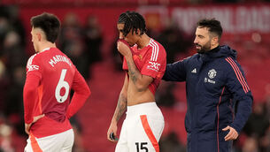 <p>Manchester United manager Ruben Amorim, Leny Yoro and Lisandro Martinez dejected the Premier League defeat to Bournemouth. Picture: Martin Rickett/PA Wire.</p>