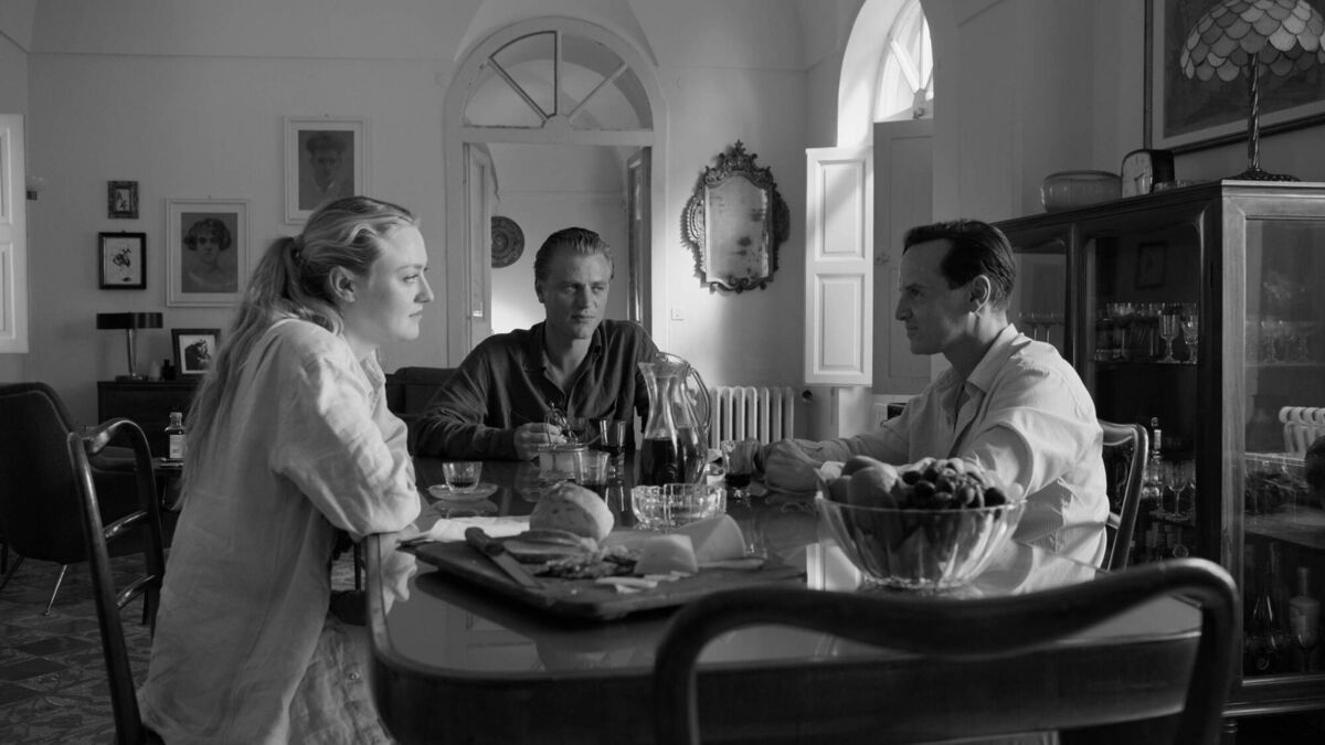 Pictured left to right are Dakota Fanning as Marge Sherwood, Johnny Flynn as Dickie Greenleaf and Andrew Scott as Tom Ripley in Ripley. Picture: Courtesy of Netflix © 2024. 