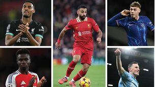 <p>Clockwise from top left: Liverpool’s Ryan Gravenberch; Mo Salah; Chelsea’s Cole Palmer; Nottingham Forest’s Chris Wood and Arsenal’s Bukayo Saka.</p>