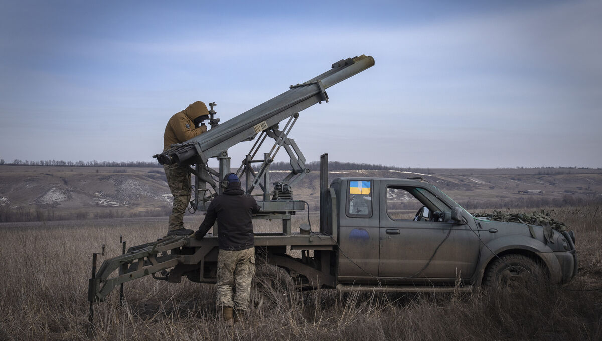 Ukrainian soldiers from The 56th Separate Motorized Infantry Mariupol Brigade prepare to fire a multiple launch rocket system based on a pickup truck towards Russian positions at the front line, near Bakhmut, Ukraine. File Picture: Efrem Lukatsky/AP