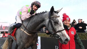 <p>THUMBS UP: Paul Townend savours the moment after winning the Hatton's Grace on Lossiemouth earlier this month. She can further enhance her big reputation by inflicting a first defeat over hurdles on Constitution Hill at Kempton on Thursday.  	Picture: Healy Racing</p>