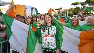 <p>HERO: Ireland's Ciara Mageean celebrates with supporters  after winning the Women's 1500m final a at the European Athletics Championships at the Stadio Olimpico. Pic: Sam Barnes/Sportsfile</p>