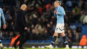 <p>Manchester City manager Pep Guardiola (left) and Erling Haaland react after the Premier League match at the Etihad Stadium, Manchester. Picture: Martin Rickett/PA Wire.</p>