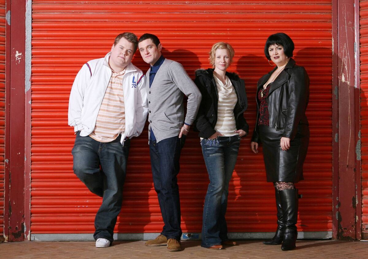 Smithy (James Corden), Gavin (Mathew Horne), Stacey (Joanna Page), and Nessa (Ruth Jones) pictured during the show's first season in 2007. Smithy (James Corden), Gavin (Mathew Horne), Stacey (Joanna Page), and Nessa (Ruth Jones) pictured during the show's first season in 2007.