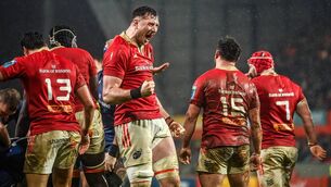 <p>Tom Ahern of Munster celebrates winning a turnover during 2023's URC clash between Munster and Leinster at Thomond Park. Picture: Brendan Moran/Sportsfile</p>