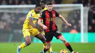 <p>Crystal Palace’s Cheick Doucoure and Bournemouth’s Ryan Christie battle for the ball (Adam Davy/PA)</p>