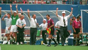 <p>Jack Charlton and the Republic of Ireland bench celebrate Ray Houghton's goal against Italy at Giants Stadium in New York during the 1994 Fifa World Cup. Irish authorities had raised concerns about fans facing difficulties getting US visas.  Picture: Eddie O'Hare</p>